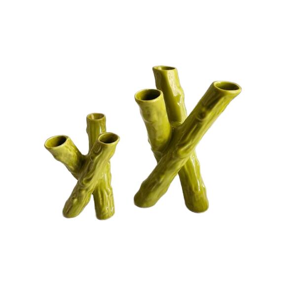 Mid Century Green Twisted Bamboo Triple Bud Vase, by Camark, Set of 2, 1940s